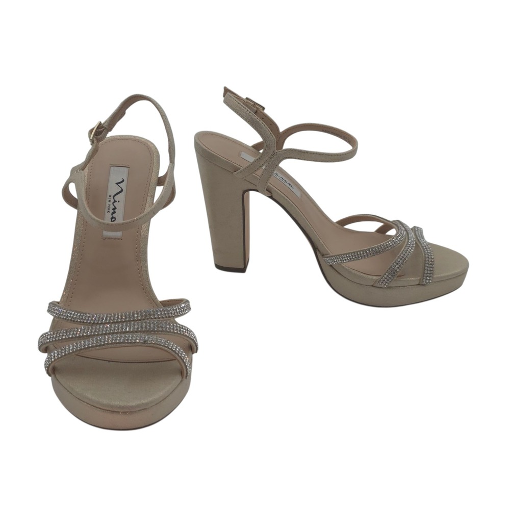 Nina Rhinestone Strappy Platform‎ Heels Gold Sparkle Sandals 8M Block Heel Party